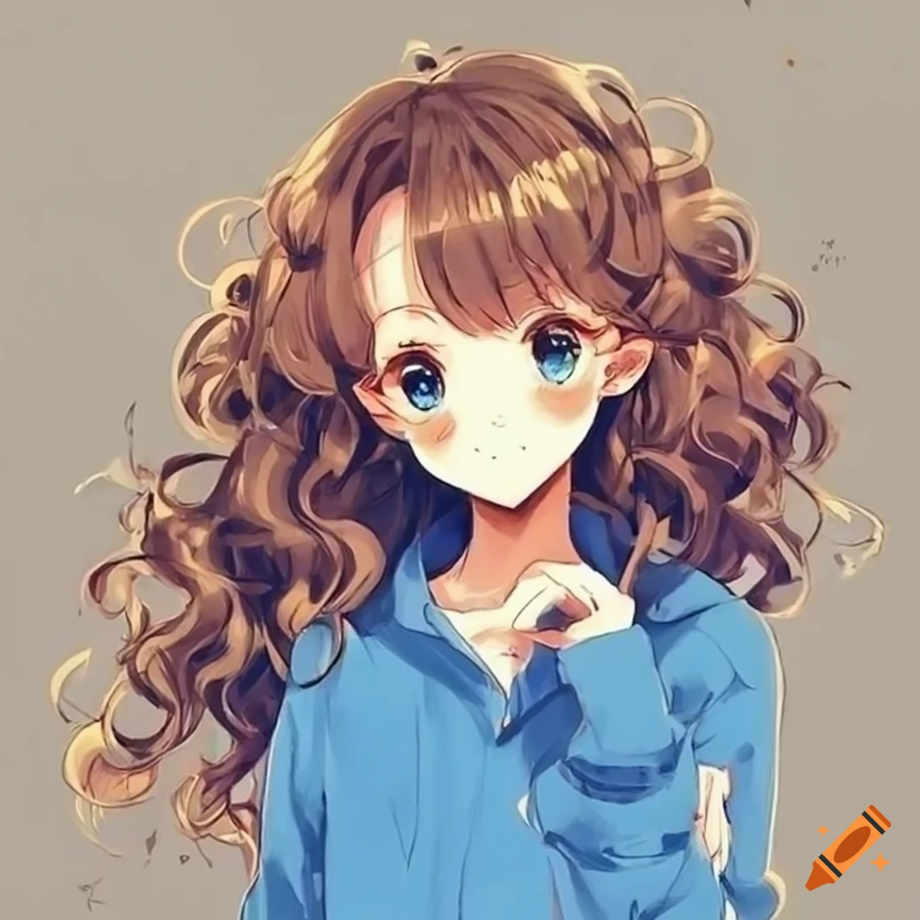 Anime girl, cute, kawaii, blue themed clothing, curly hair, brown