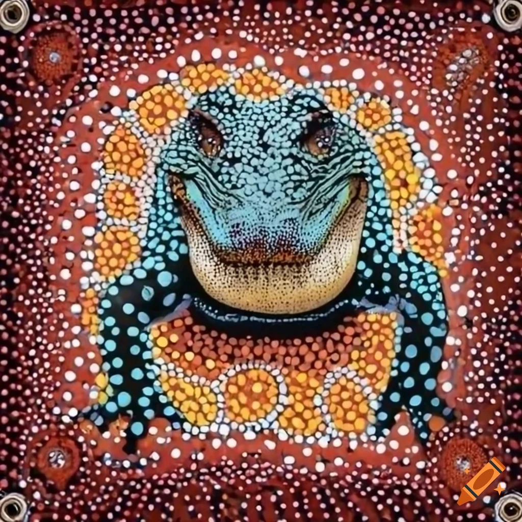 A majestic crocodile art piece blending realism and aboriginal dot art in  the style of picasso on Craiyon