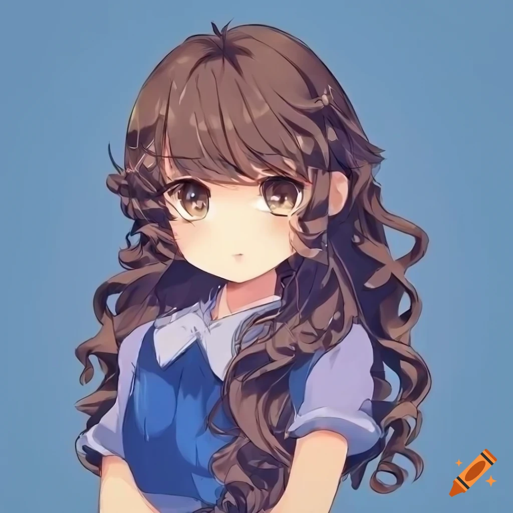 Anime girl, cute, kawaii, blue themed clothing, curly hair, brown