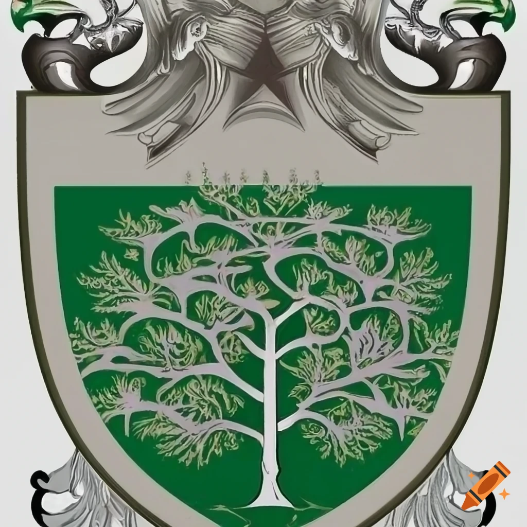 Family crest with a strong sturdy tree in center of a polished steel  shield.on top of tree is a crown. colors are deep green and silver on  Craiyon