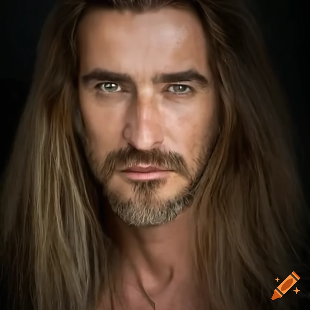 Handsome man 50 years bridled brown eyes and long hair tied