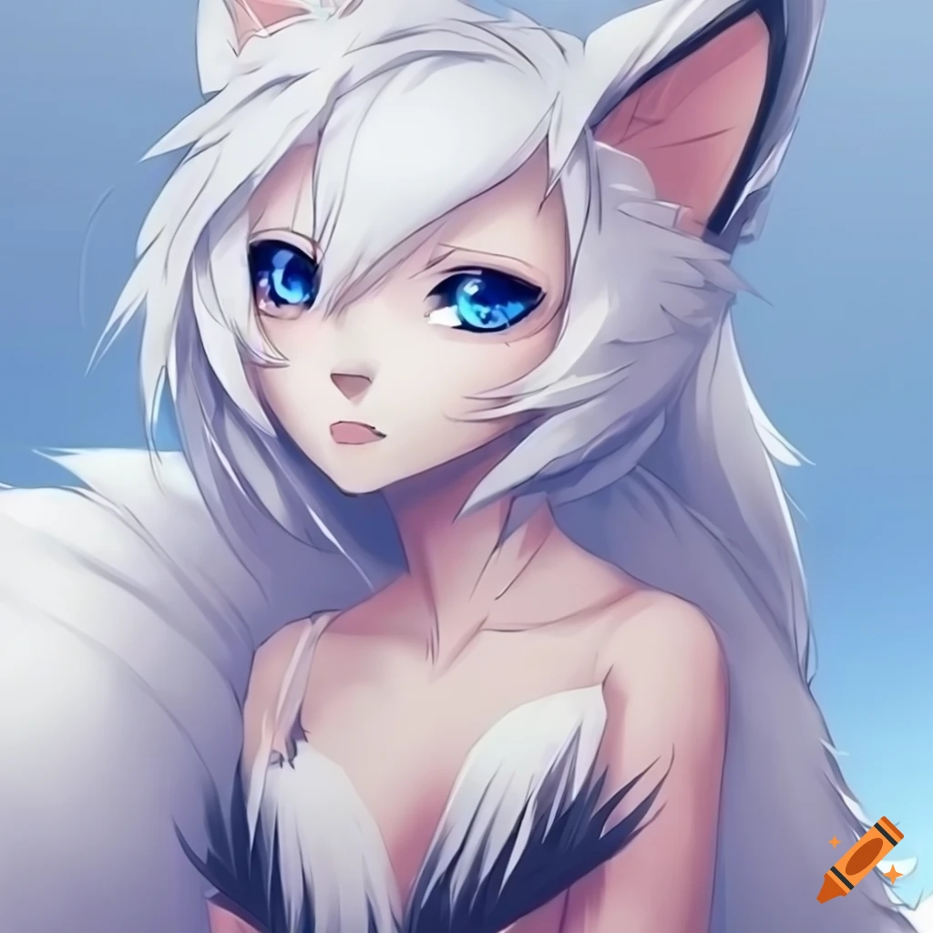 Cute white anime fox with blue eyes on Craiyon