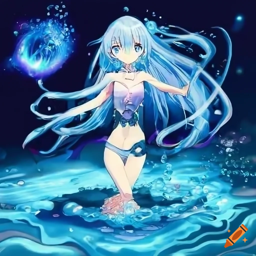 Light blue haired girl, normal height, water powers, cool water suit,  goddess, shy looking expression, nice girl, anime-like style on Craiyon