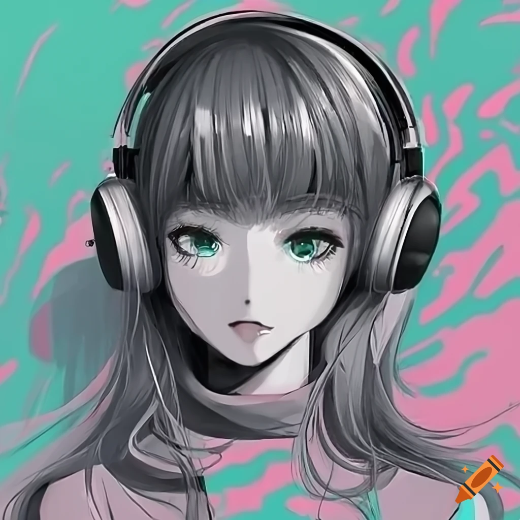 Adorable girl wearing headphones, surrounded by pastel hues