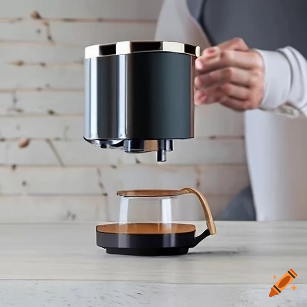 Draw a sleek, compact coffee brewing device with a modern design. it