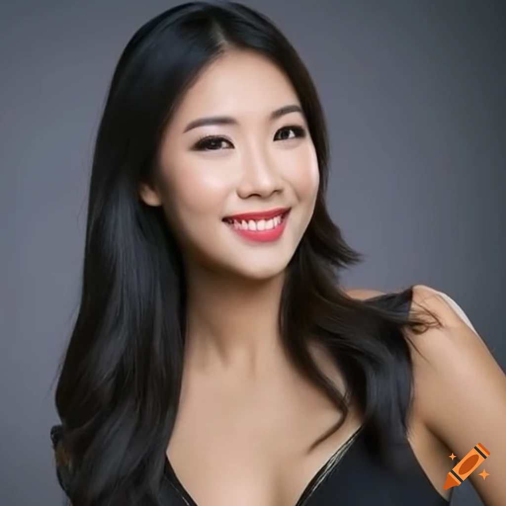 Beautiful fashionable asian woman smiling with black hair and pretty eyes