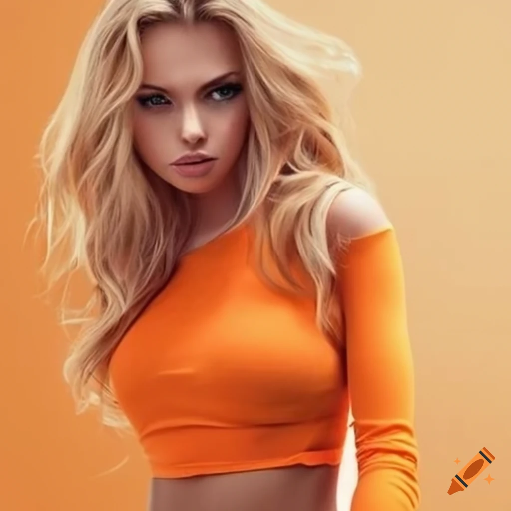 Pretty blonde woman orange long sleeve crop top belly skirt on Craiyon