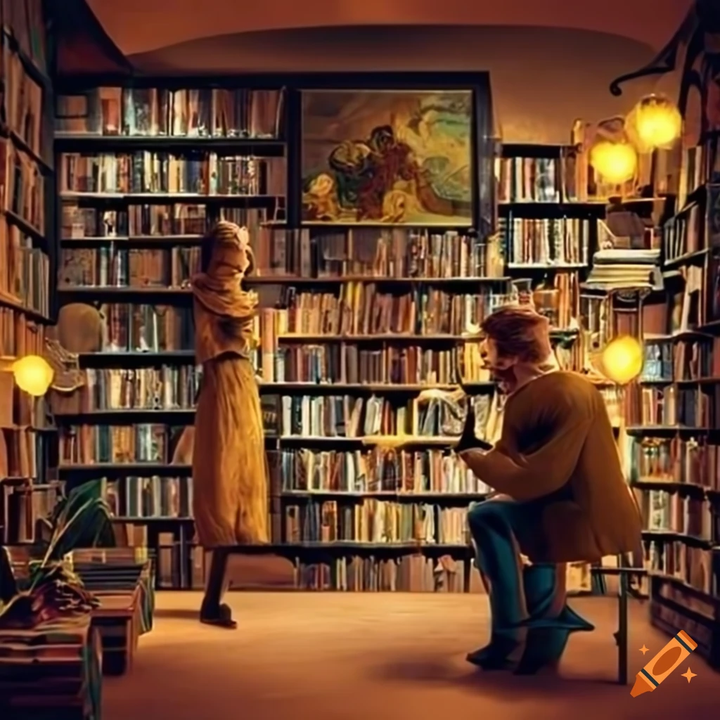 Lovers in bookstore with plants cinematic lighting van gogh style on Craiyon
