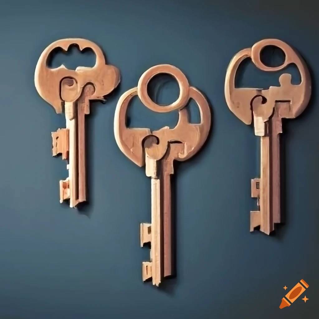Several keys hanging on a wall, painting