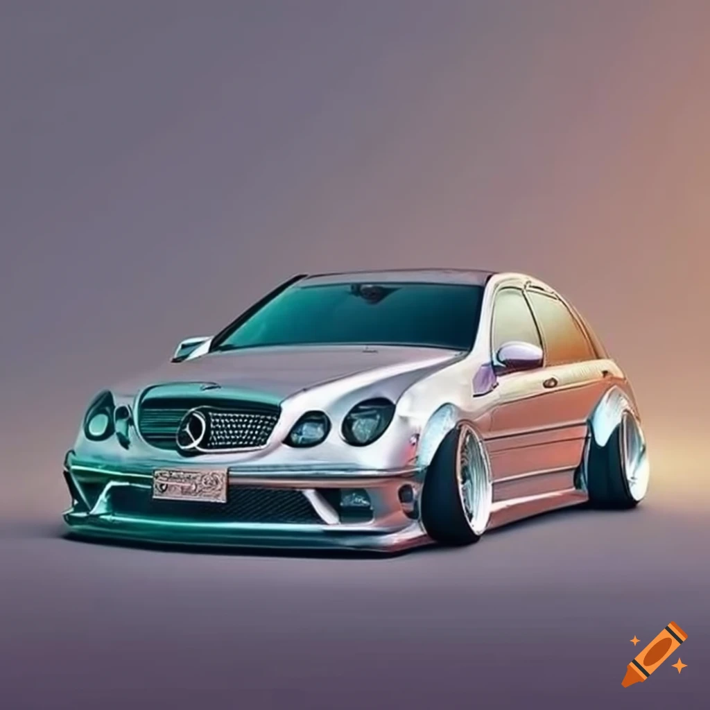 A mercedes benz w203 with lowered suspesion and a widebody kit on