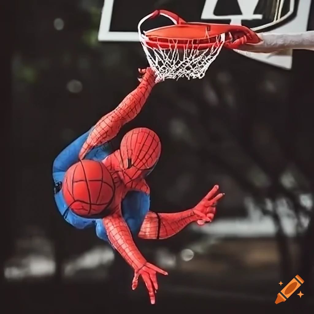 Spiderman dunking basketball while a small person is under the
