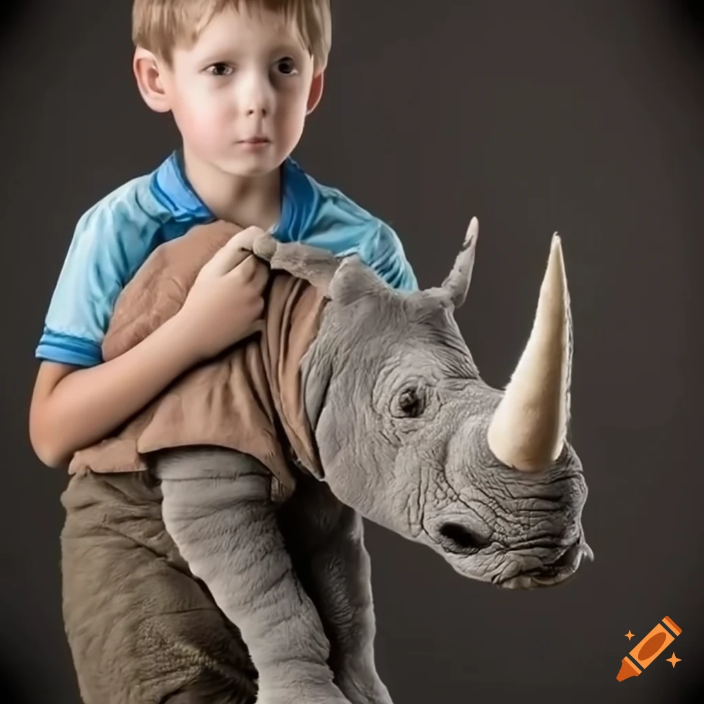 realistic portrait of a boy holding a plush-rhino