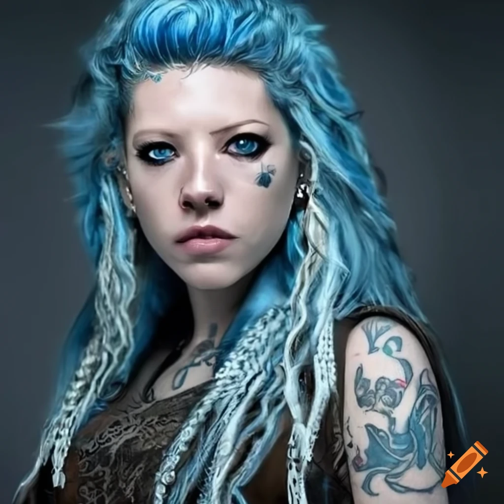 Fierce, blue haired lagertha with piercings, tattoos and striking eyes in  cel-shading art style on Craiyon