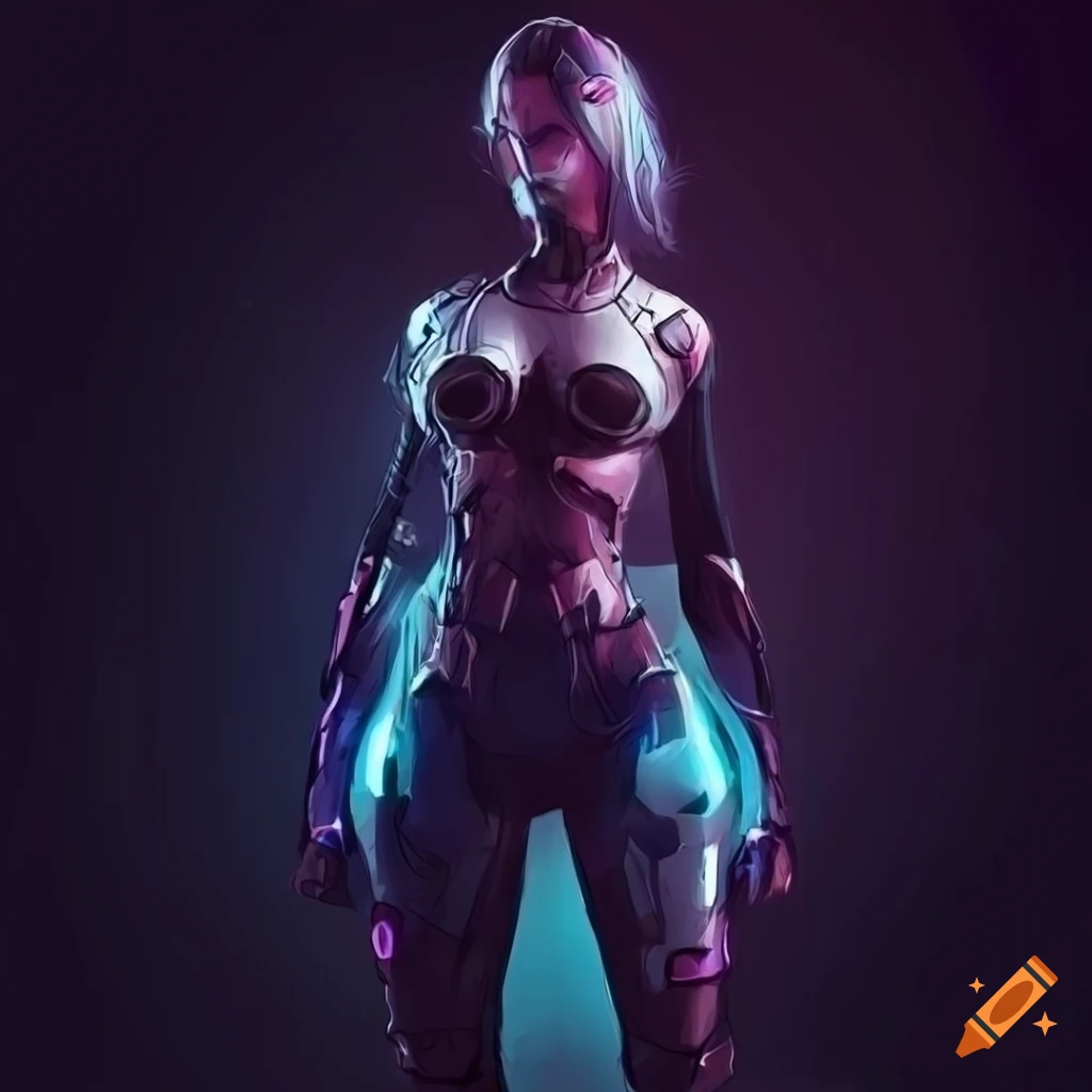 big hip small waist female artwork illustration cyberpunk futuristic with led lights suit armor cyborg smoke lights