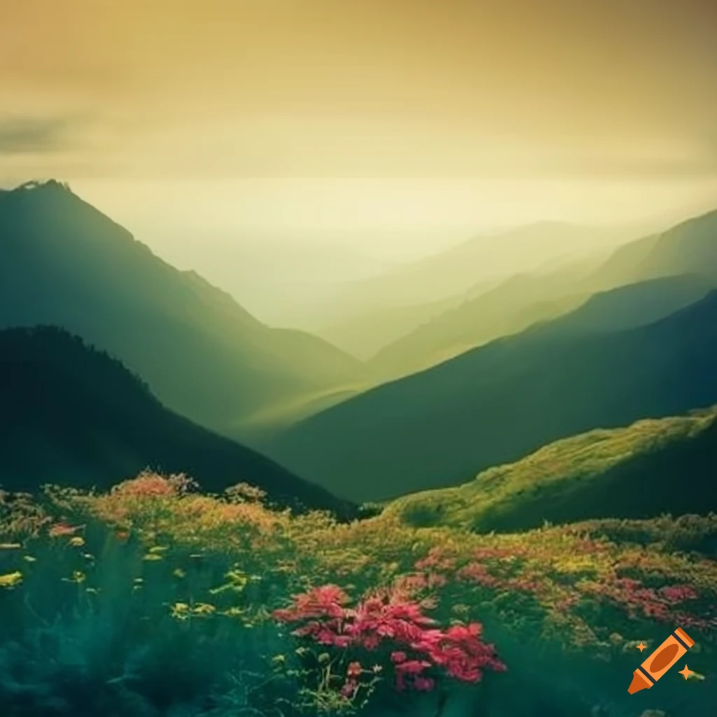 Mountain landscape with flowers, digital art on Craiyon
