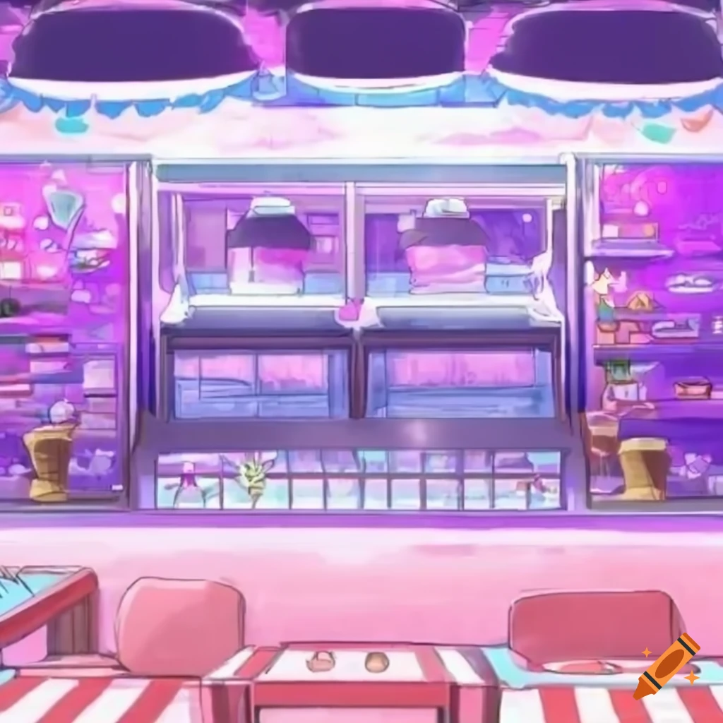Anime backround, ice cream parlor, ice cream stand, inside