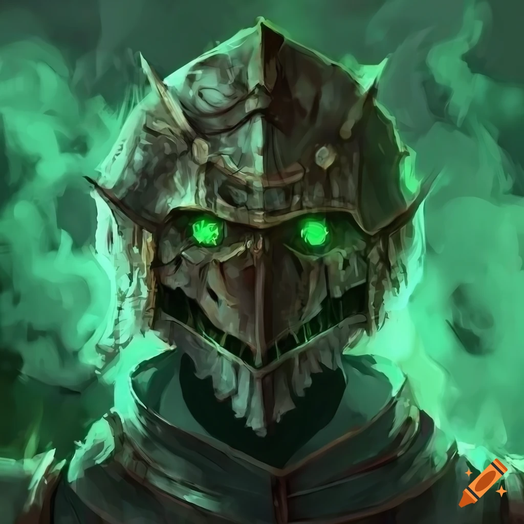 Undead knight portrait, green smoke, dirty rusty armor, glowing eyes, dead  forest background, fantasy horror, extra details, anime art style on Craiyon