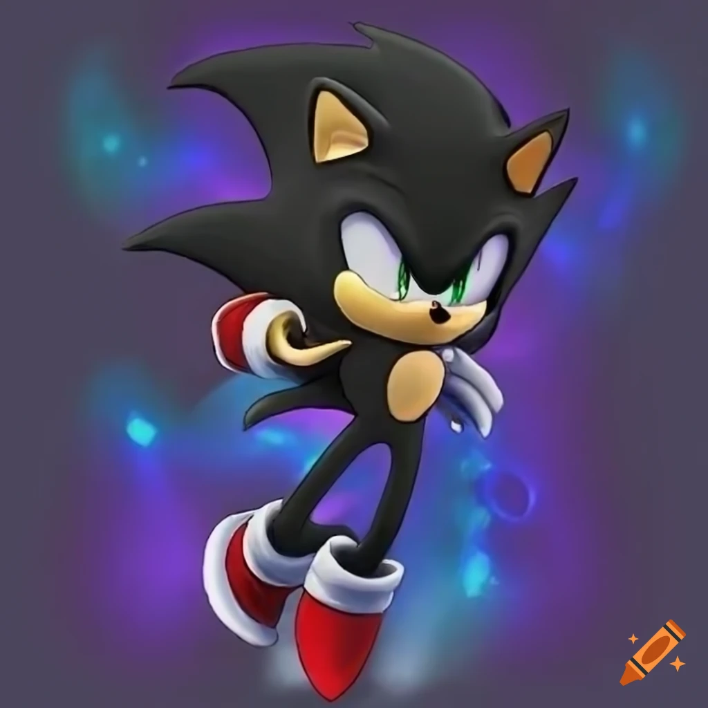 Dark sonic. hedgehog, black fur, no pupils, pointed eyes. red sneakers,  white gloves. there is a dark blue aura around the body. looks like super  sonic, but black fur on Craiyon