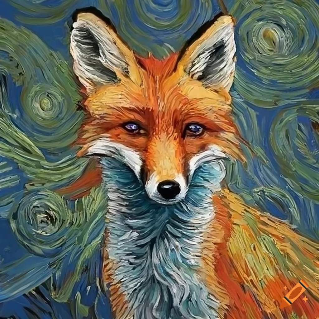 Fox painted by Van Gogh, hd, ultra realistic, van Gogh inspired, vibrant colors, strong strokes