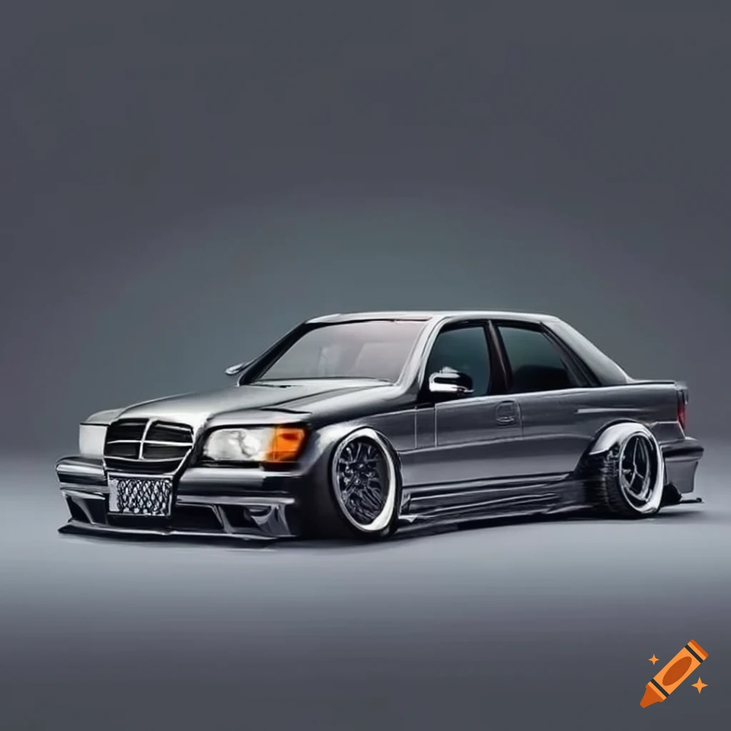 A mercedes benz w201 with lowered suspesion and a widebody kit on Craiyon