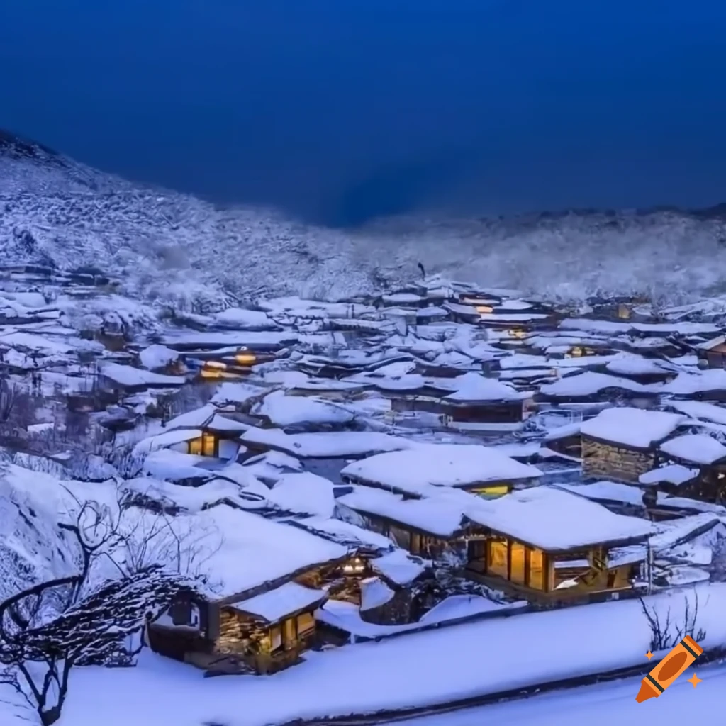 Small traditional Japanese village in a snowy valley during dusk on Craiyon