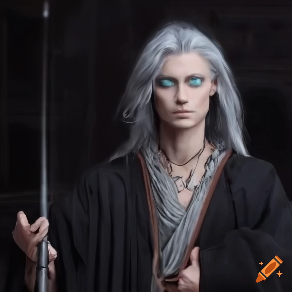 A god with teal eyes, grey hair, wearing a black robe