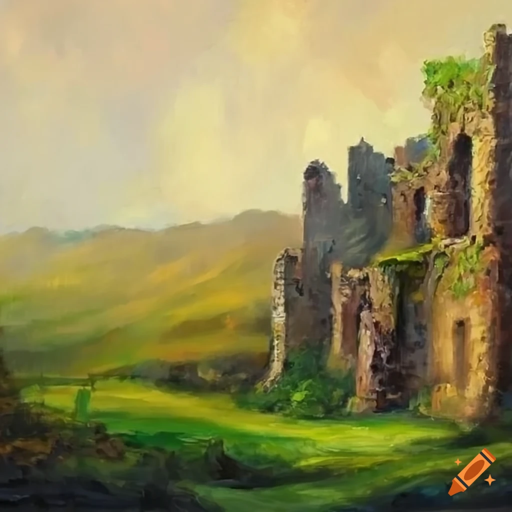 Picturesque oil painting of old castle ruin in grassy hills on Craiyon