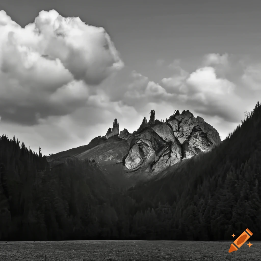 Majestic black and white mountain landscape with towering rock faces on ...