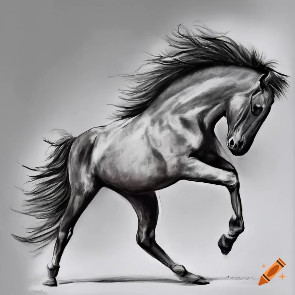 Realistic charcoal drawing of galloping horse in black and white