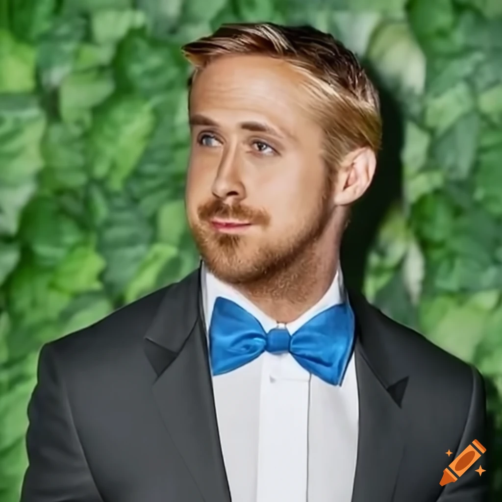 Ryan gosling in a tuxedo with blue bow tie and green leaves fully in ...