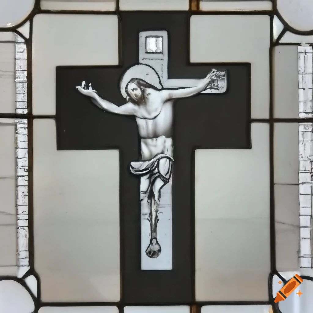 A white stained glass window of a black crucifix with jesus, mainly