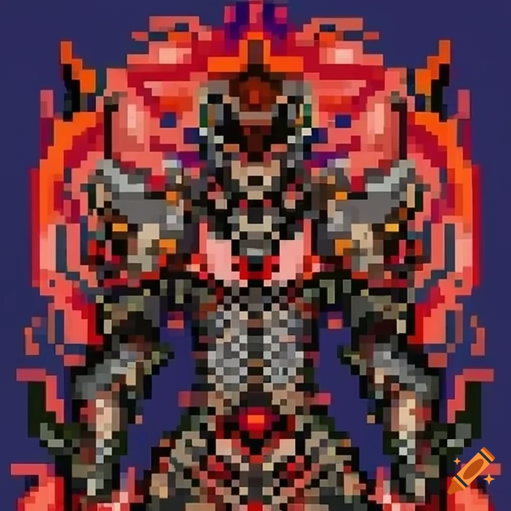 Detailed Pixel art of a fierce deity in red and black armor on Craiyon