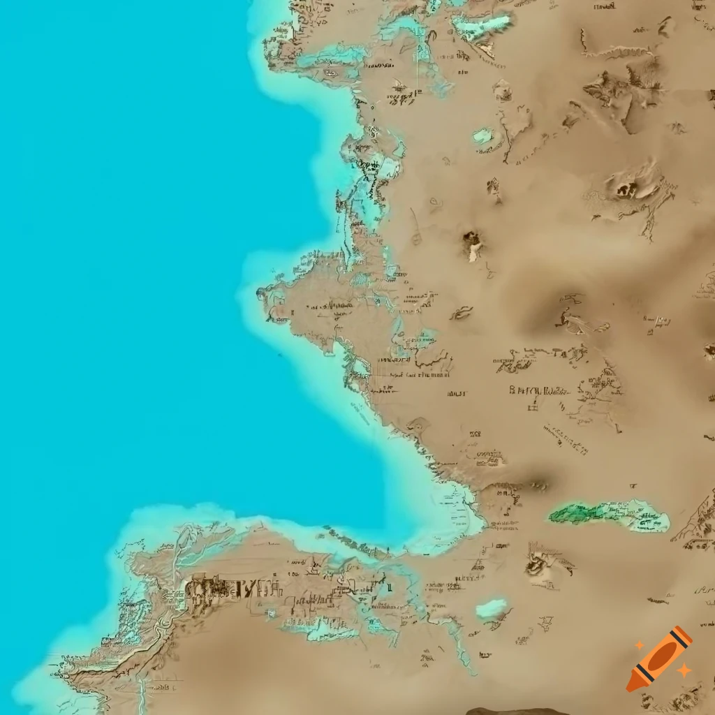 Realistic physical map of the fictional region with sea on left