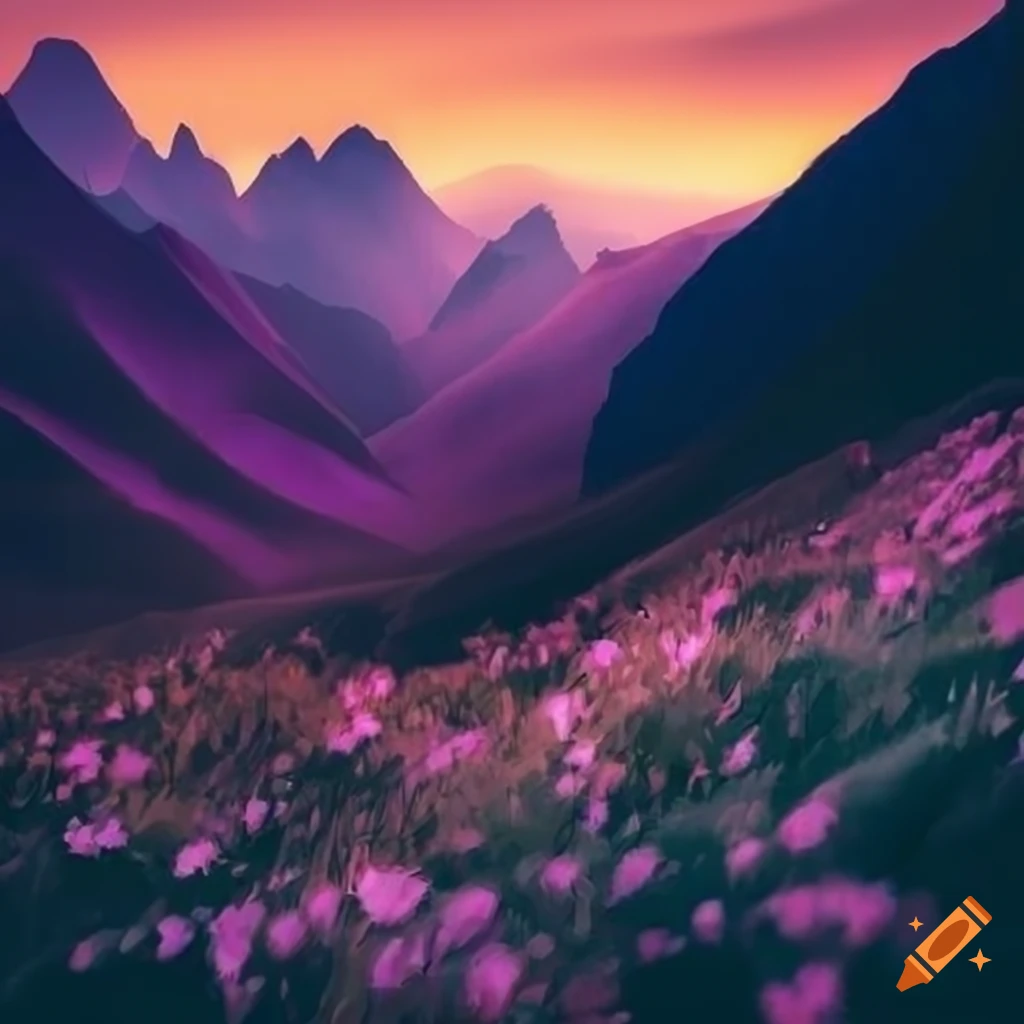 Mountain landscape with flowers, digital art on Craiyon