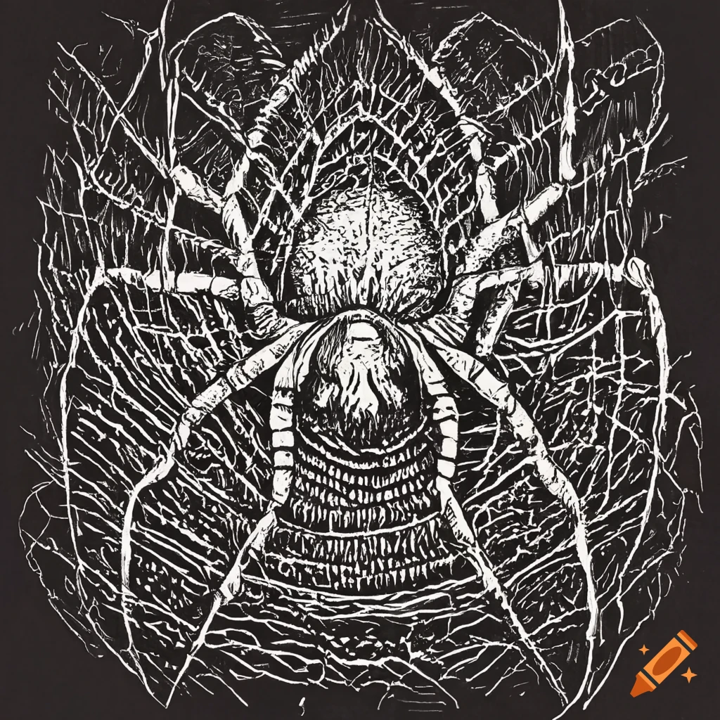 Spider in the style of Zdzisław Beksiński, etching, black