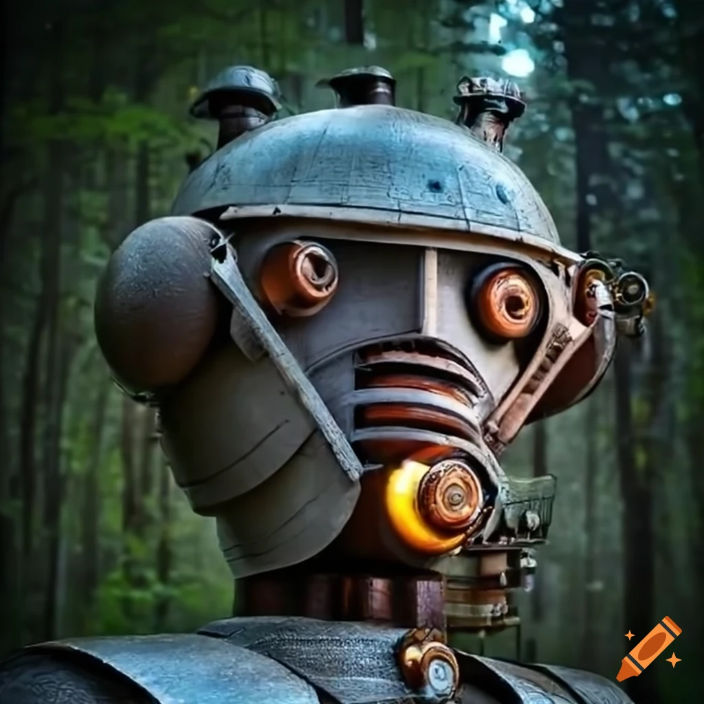 Giant steampunk robot in the woods on Craiyon