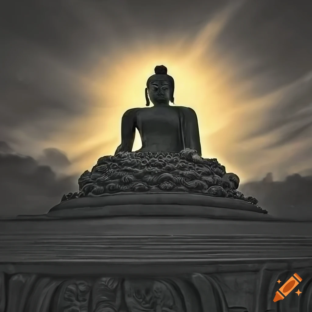 buddha looking at the sun, black and white, sun rays