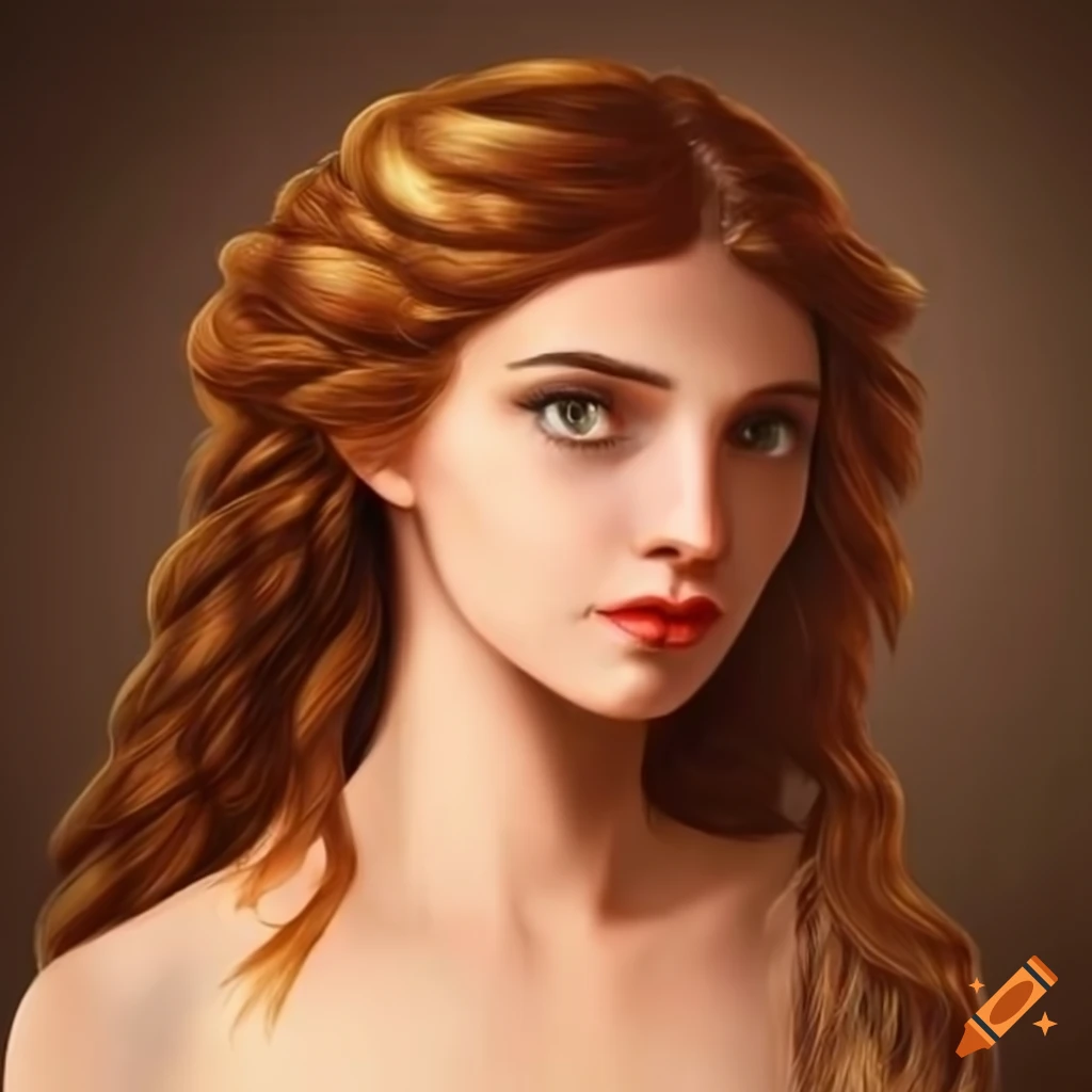 Very young elegant ancient greek woman with flowing chestnut hair