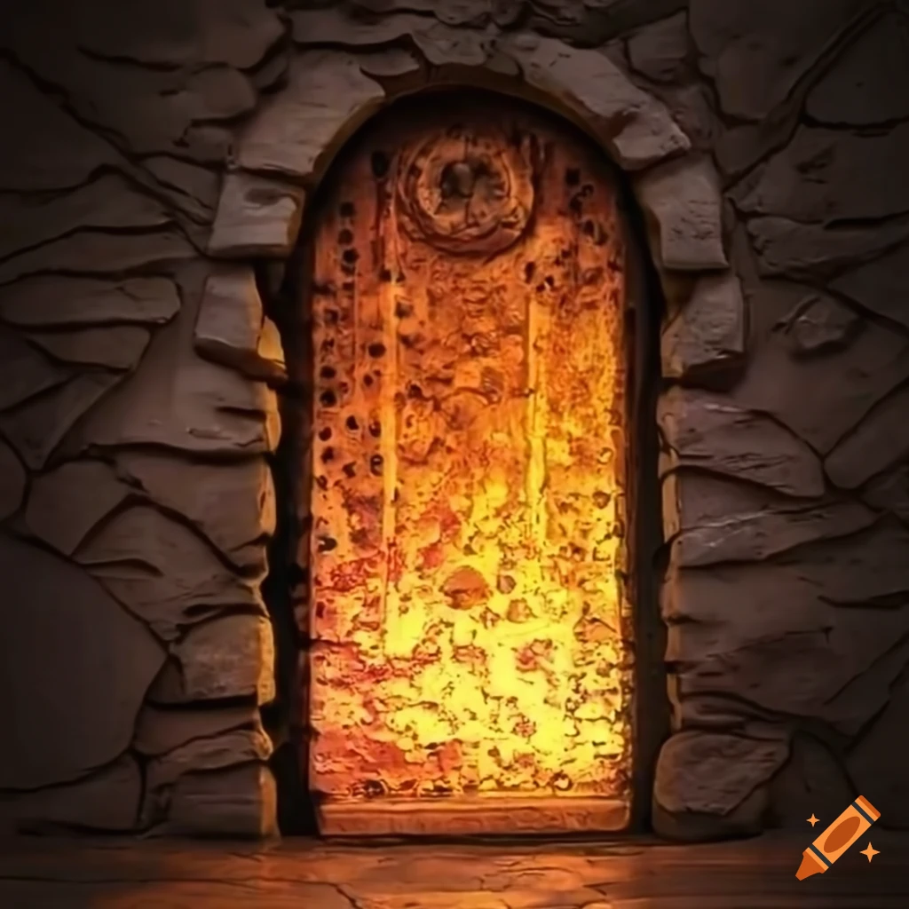 Natural stone door with glowing writing on Craiyon