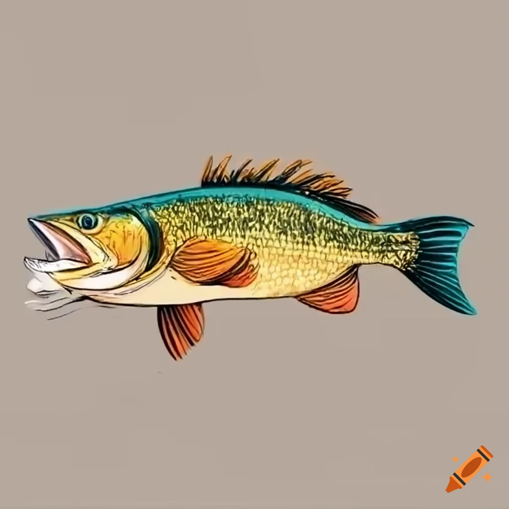Walleye fish swimming hooked with jig in mouth full body drawing