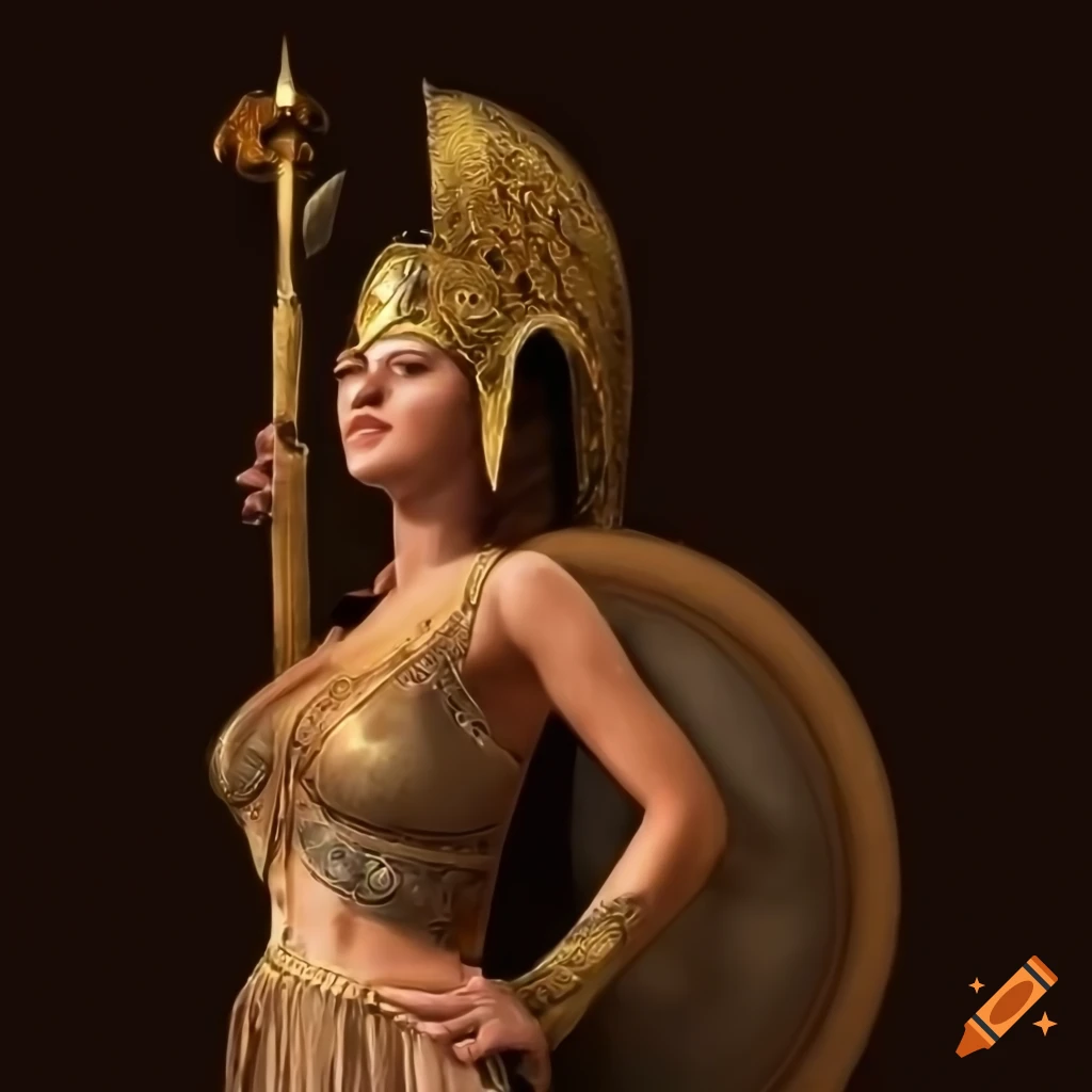 Greek goddess athena brown hair, greek helmet, owl on shoulder, victorious  with shield and spear on Craiyon