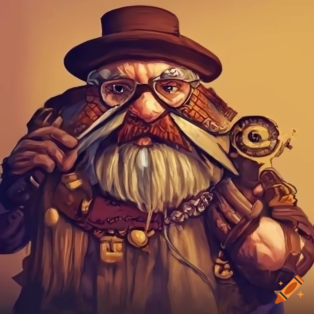 An adventurer steampunk dwarf in the style of dungeons & dragons, digital art. the dwarf has a