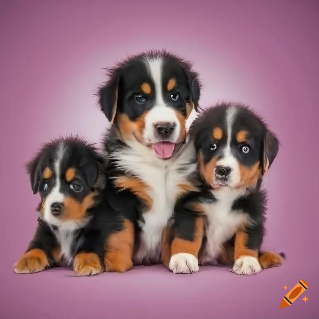 A group of berner sennen puppies laying on their backs, with a pink  vignette with hearts on Craiyon
