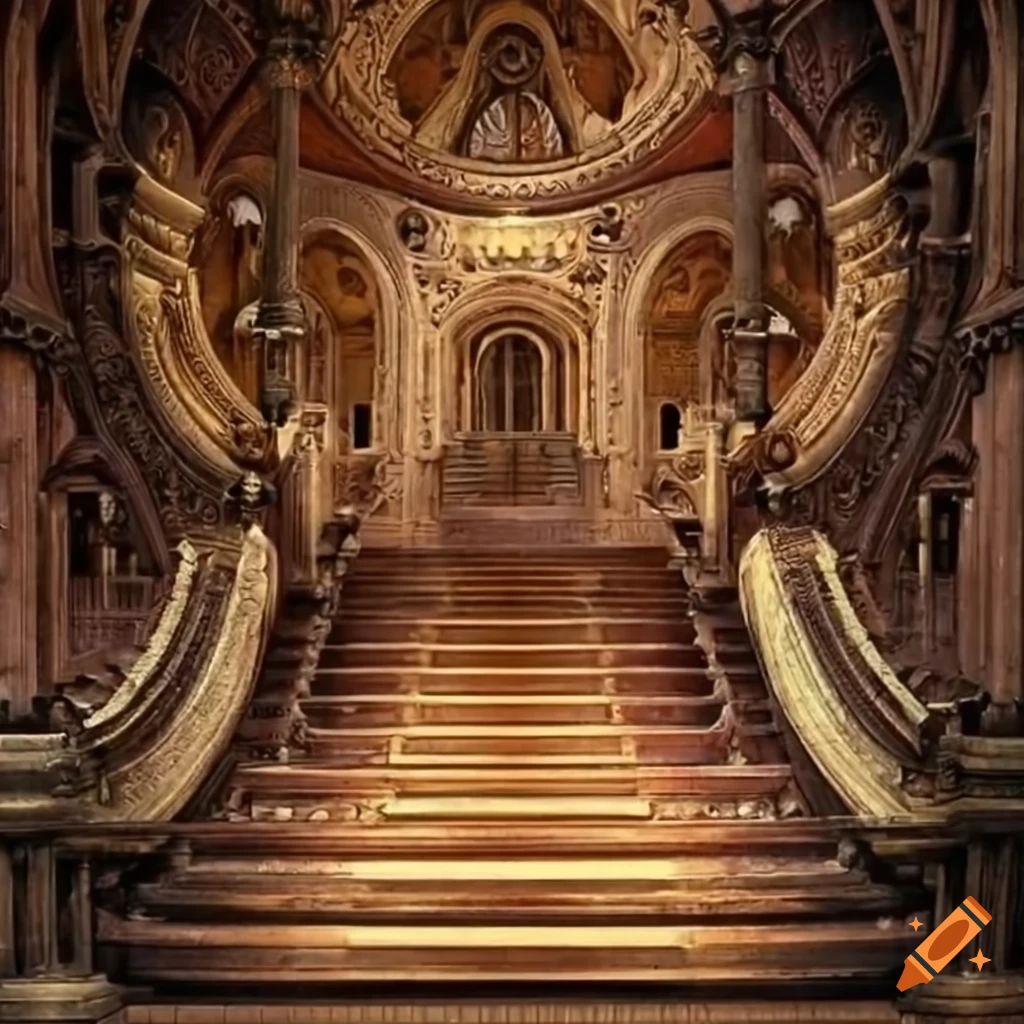 perron d'un opéra steampunk, escaliers