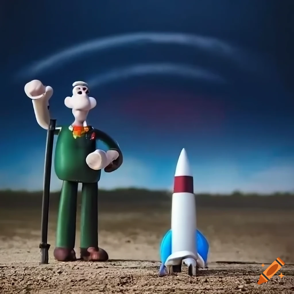 Wallace and gromit standing next to an orange moon rocket, claymation