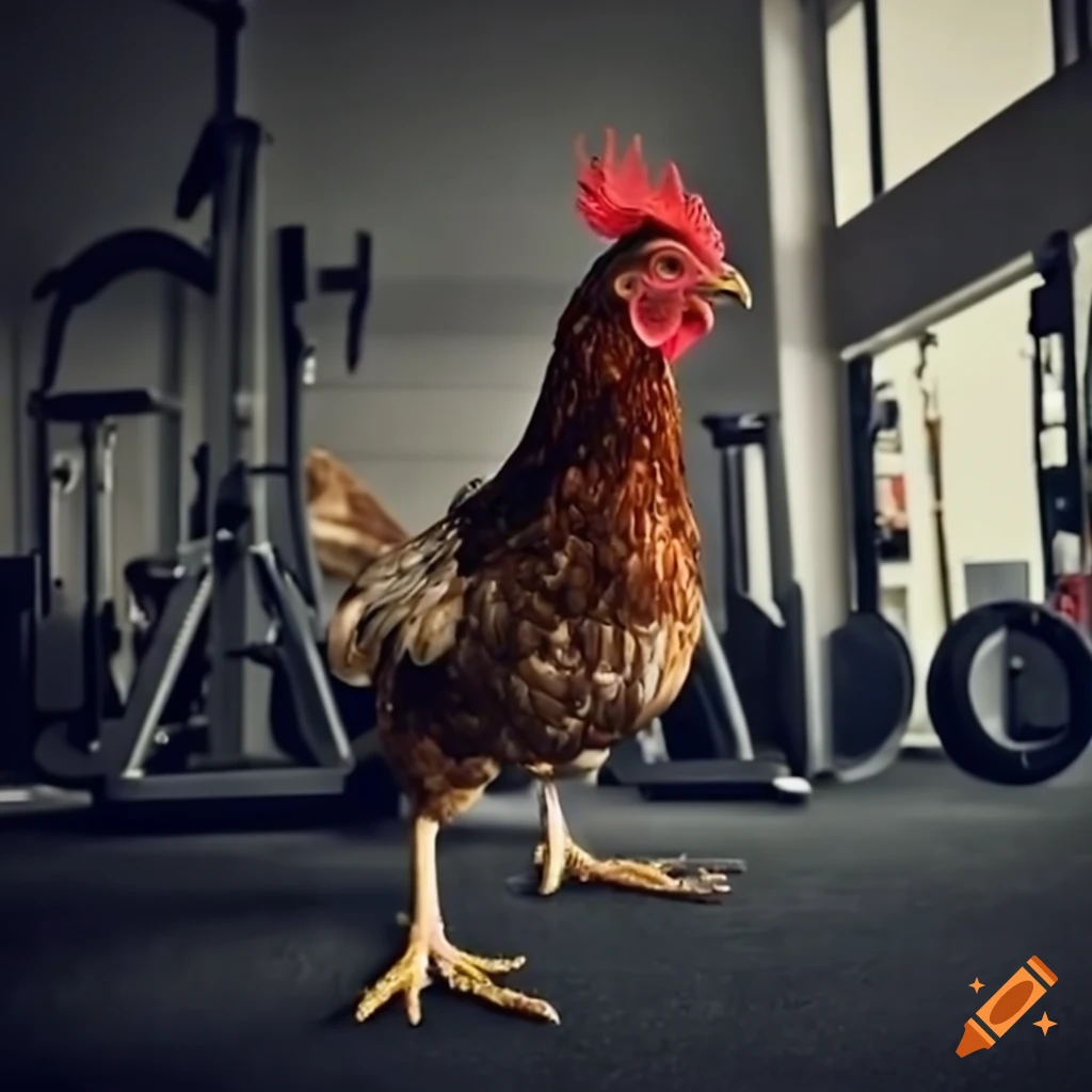 A highresolution photo of a chicken working out in a gym on Craiyon