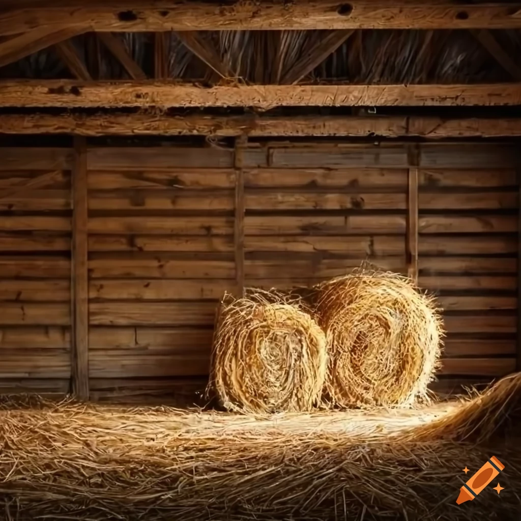 The interior of a simple dark barn straw hay beams loose boards sunlight  shining inside on Craiyon