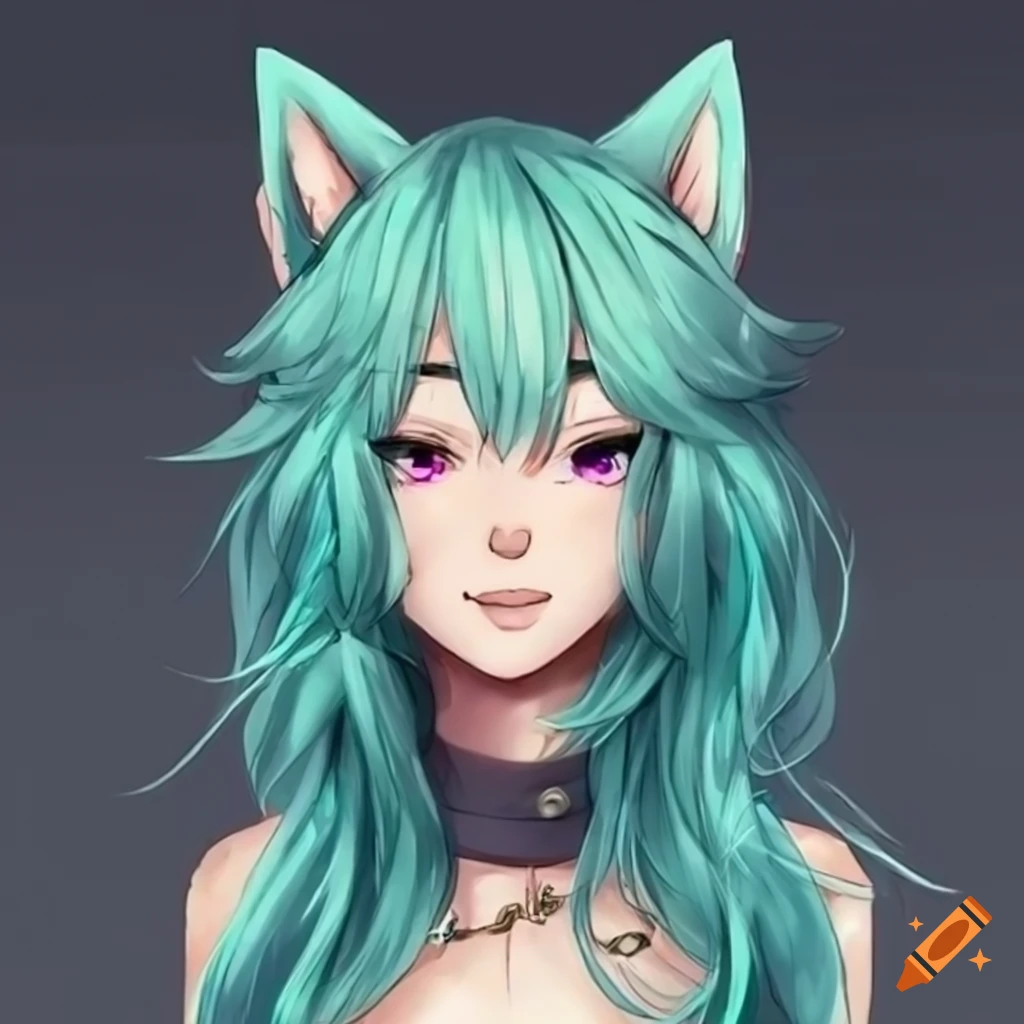 Anime wolf girl with teal hair