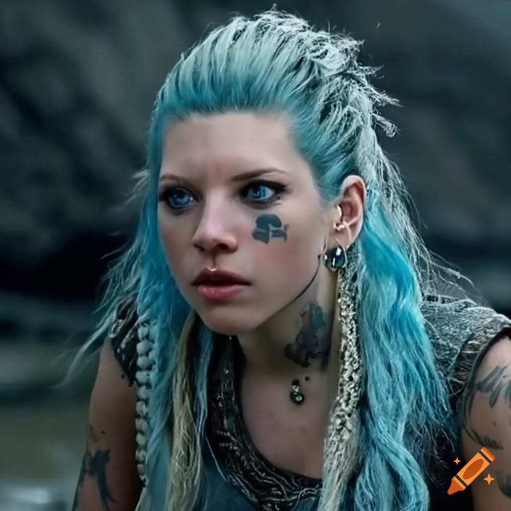 Cinematic scene of blue haired lagertha with tattoos and piercings on  Craiyon