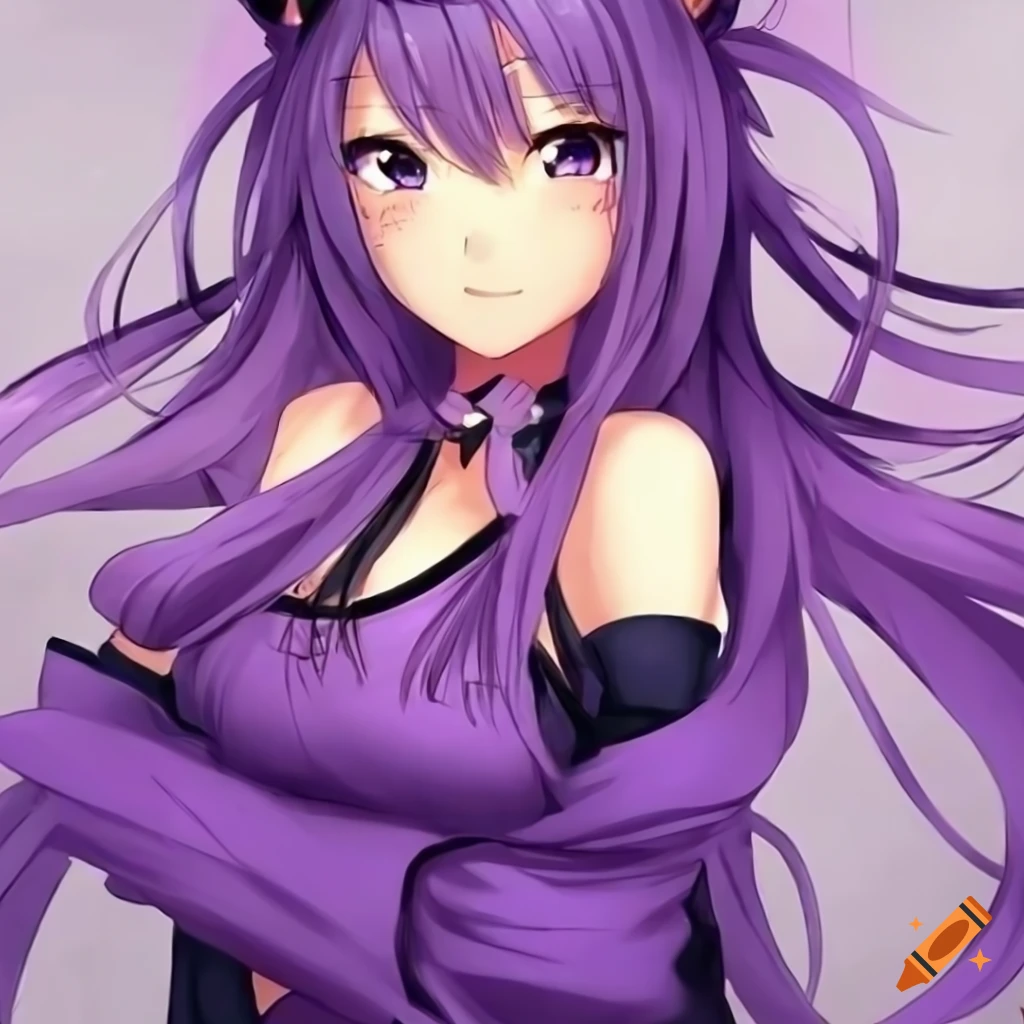 Shy anime cat girl with orchid purple hair on Craiyon